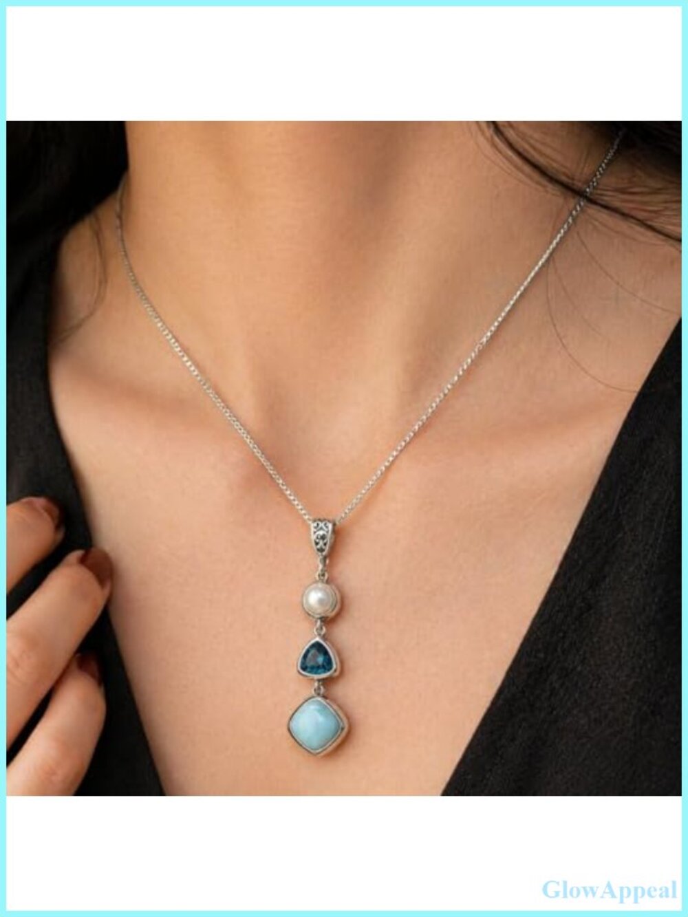 Larimar Blue Topaz Freshwater Pearl Necklace Earrings Set 925 Sterling Silver - Picture 2 of 6